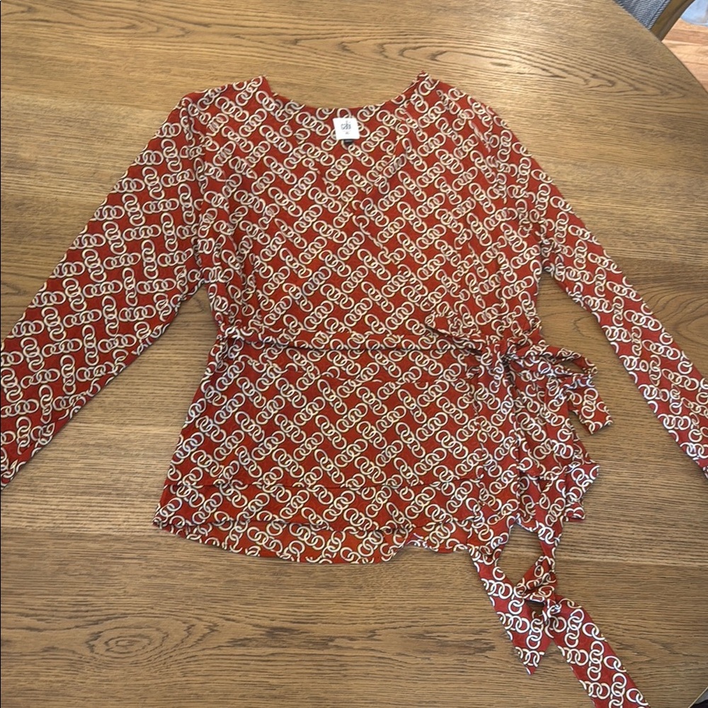 CAbi Red and White Long Sleeve Wrap Blouse